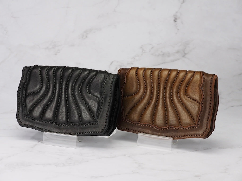 ブラックMiddleLeatherWalletミドルウォレットフラップ全縫い MOTO